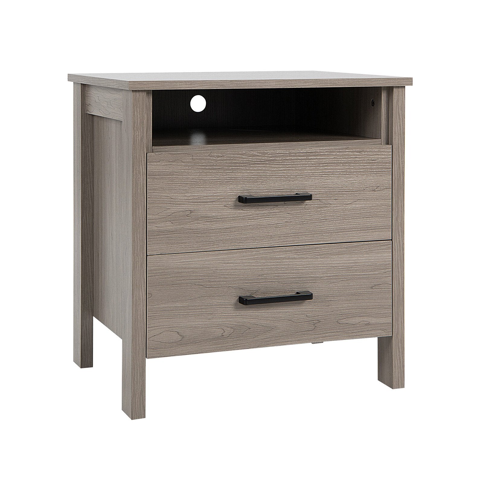 Modern Wood Grain Nightstand with Cable Hole and Open Compartment, Natural Nightstands   at Gallery Canada