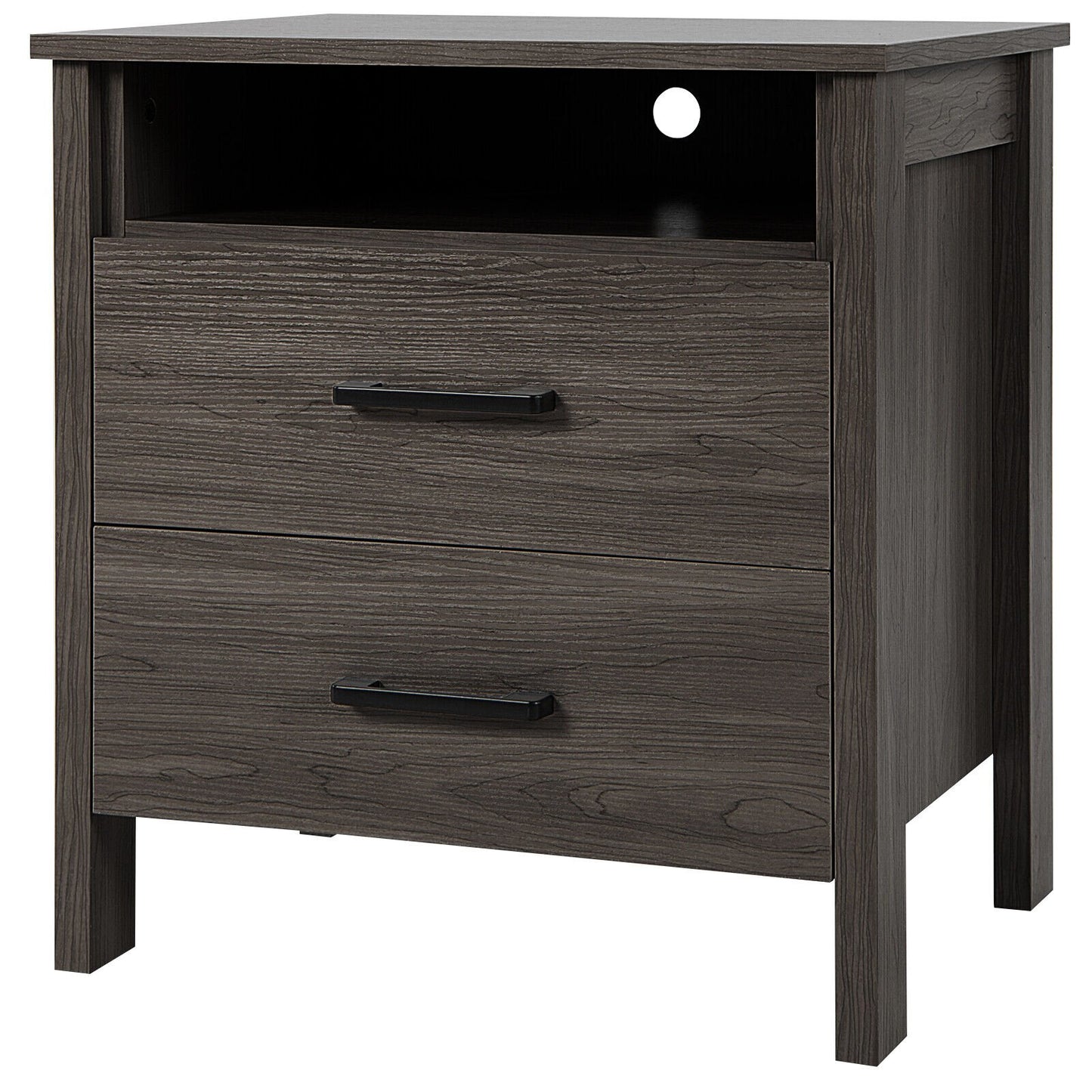 Modern Wood Grain Nightstand with Cable Hole and Open Compartment, Walnut Nightstands   at Gallery Canada