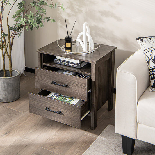 Modern Wood Grain Nightstand with Cable Hole and Open Compartment, Walnut - Gallery Canada