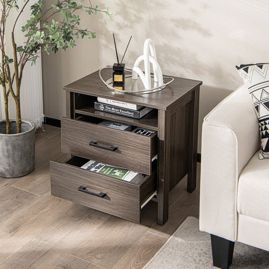 Modern Wood Grain Nightstand with Cable Hole and Open Compartment, Walnut Nightstands   at Gallery Canada