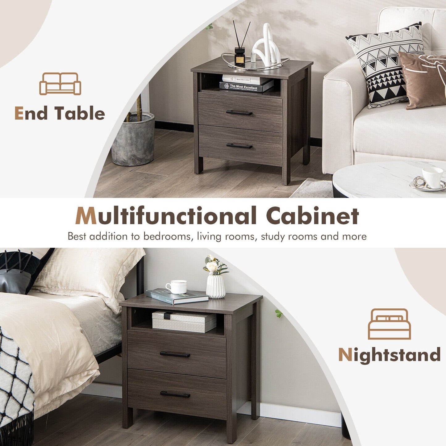 Modern Wood Grain Nightstand with Cable Hole and Open Compartment, Walnut Nightstands   at Gallery Canada