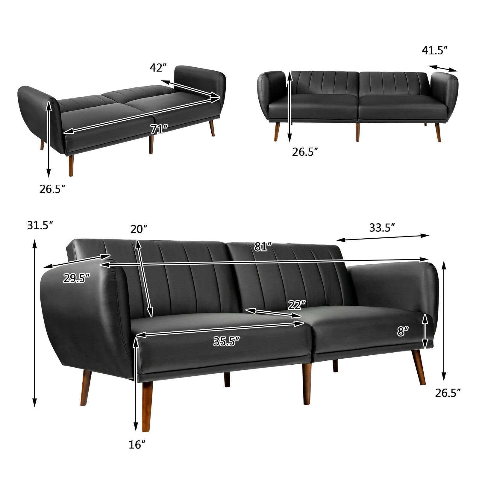 3 Seat Convertible Sofa Bed with Adjustable Backrest for Living Room, Black Sofas & Loveseats   at Gallery Canada