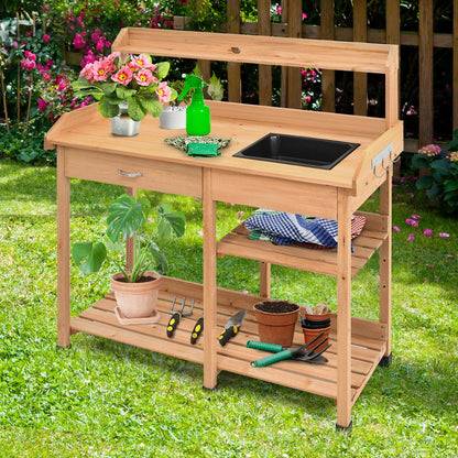 Outdoor Lawn Patio Potting Bench Storage Table Shelf, Natural - Gallery Canada