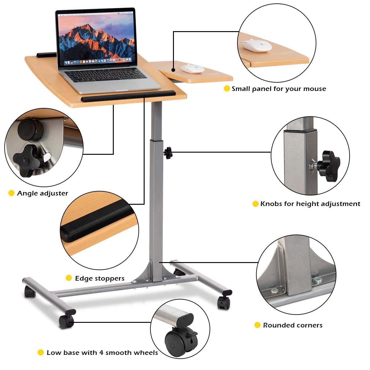 Adjustable Laptop Desk With Stand Holder And Wheels, Natural Laptop Tables & Printer Stands   at Gallery Canada