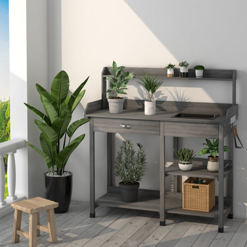 Fir Wood Potting Bench with Open Shelves and Sink for Planting, Gray