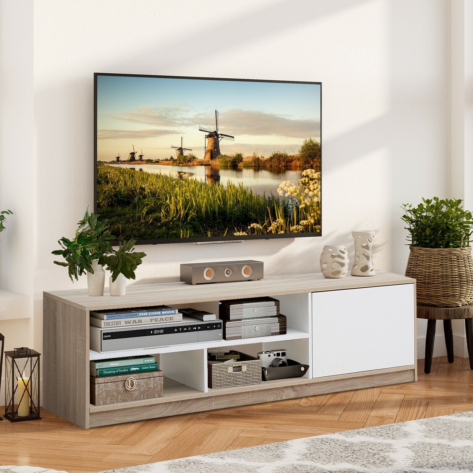 63 Inch TV Stand with Push-to-Open Door Cabinet for TVs up to 75 Inch, Natural - Gallery Canada