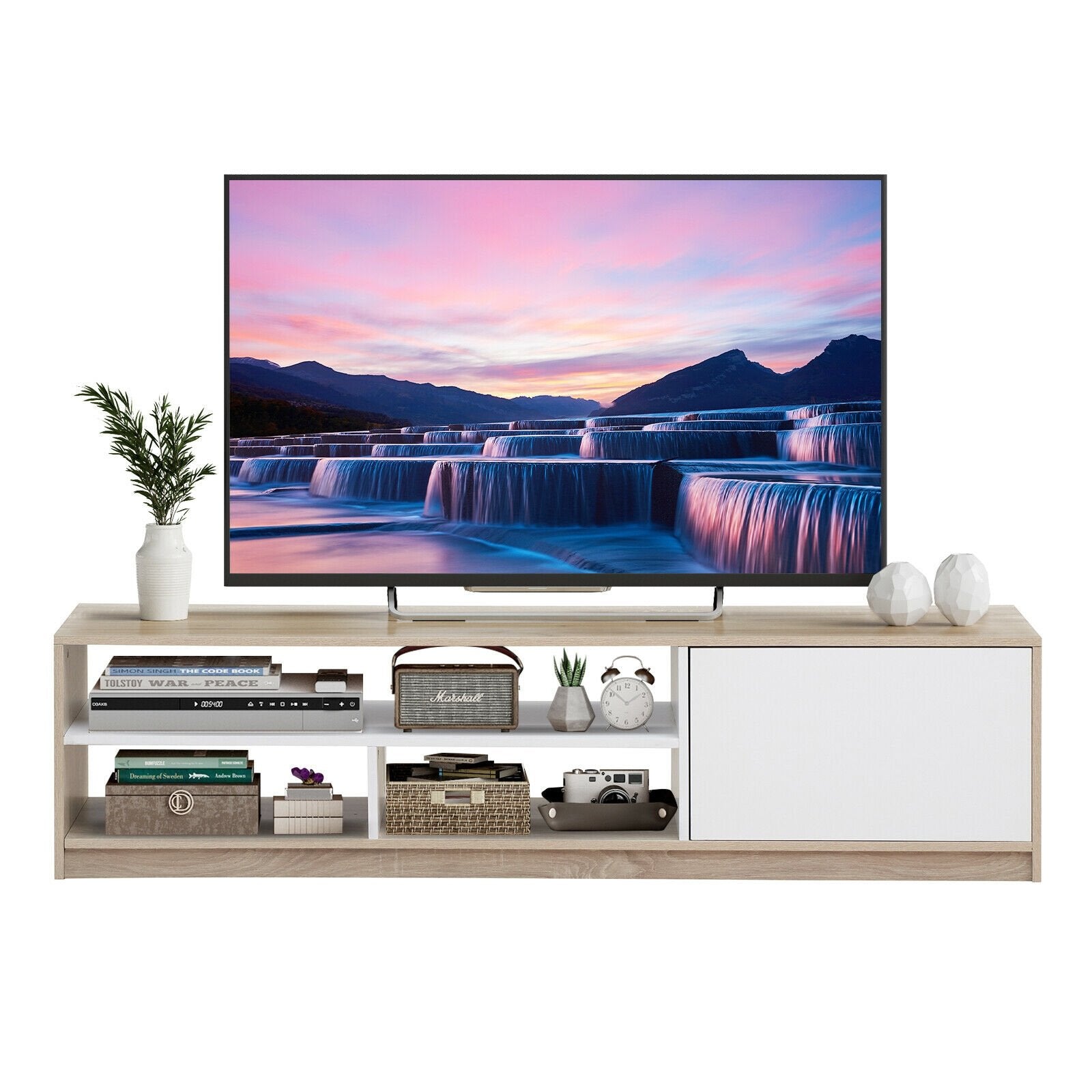 63 Inch TV Stand with Push-to-Open Door Cabinet for TVs up to 75 Inch, Natural - Gallery Canada