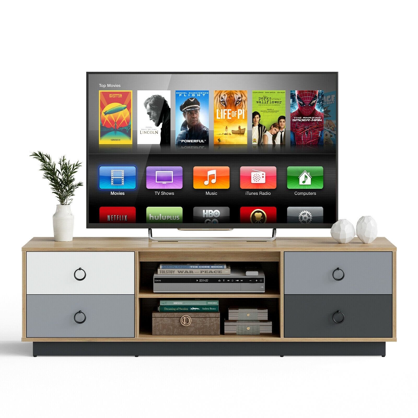 Modern 55 Inch TV Stand with 2 Storage Cabinets for TVs up to 60 Inch, Natural - Gallery Canada