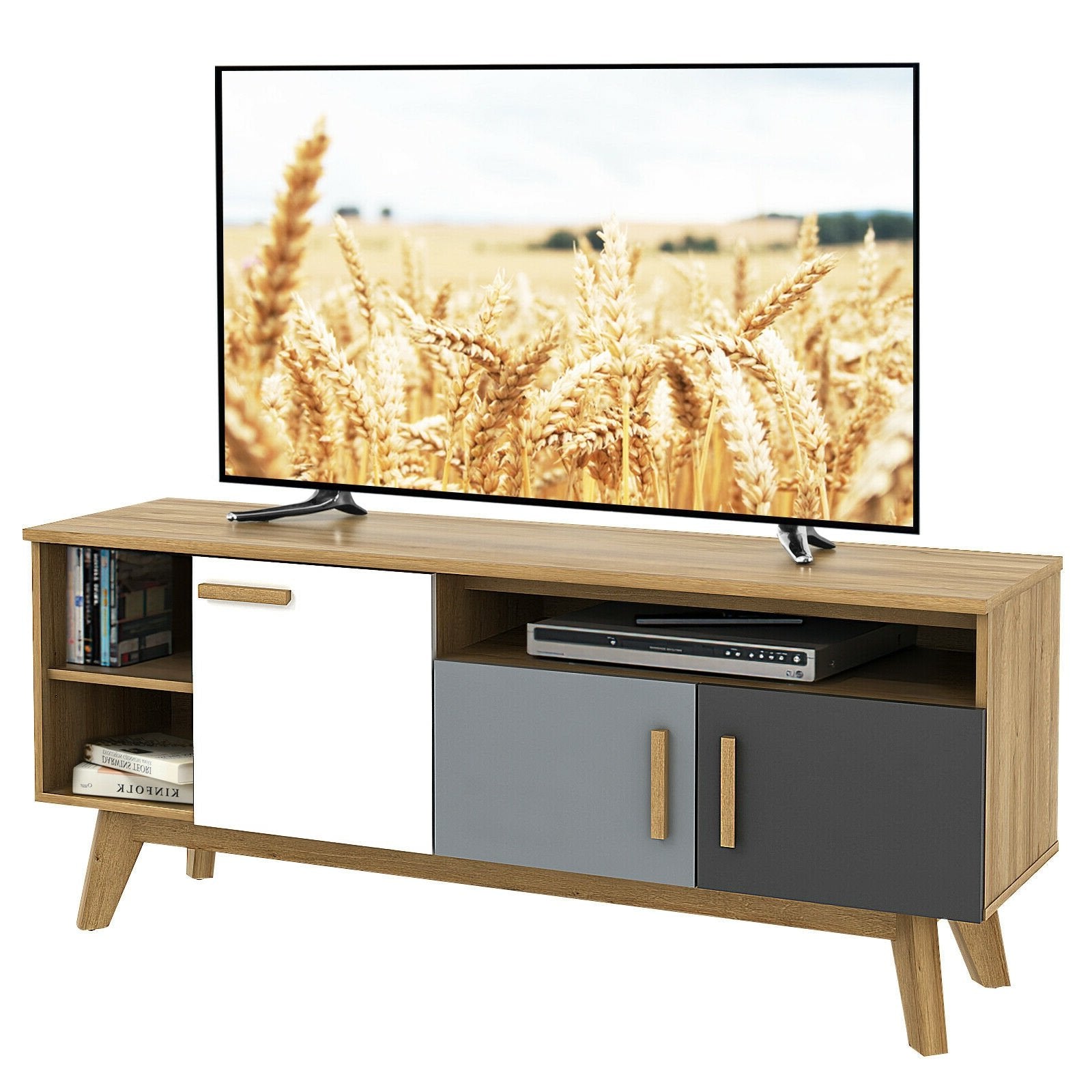65 Inch TV Stand with 3 Storage Cabinets and 3 Open Shelves for Living Room, Natural - Gallery Canada