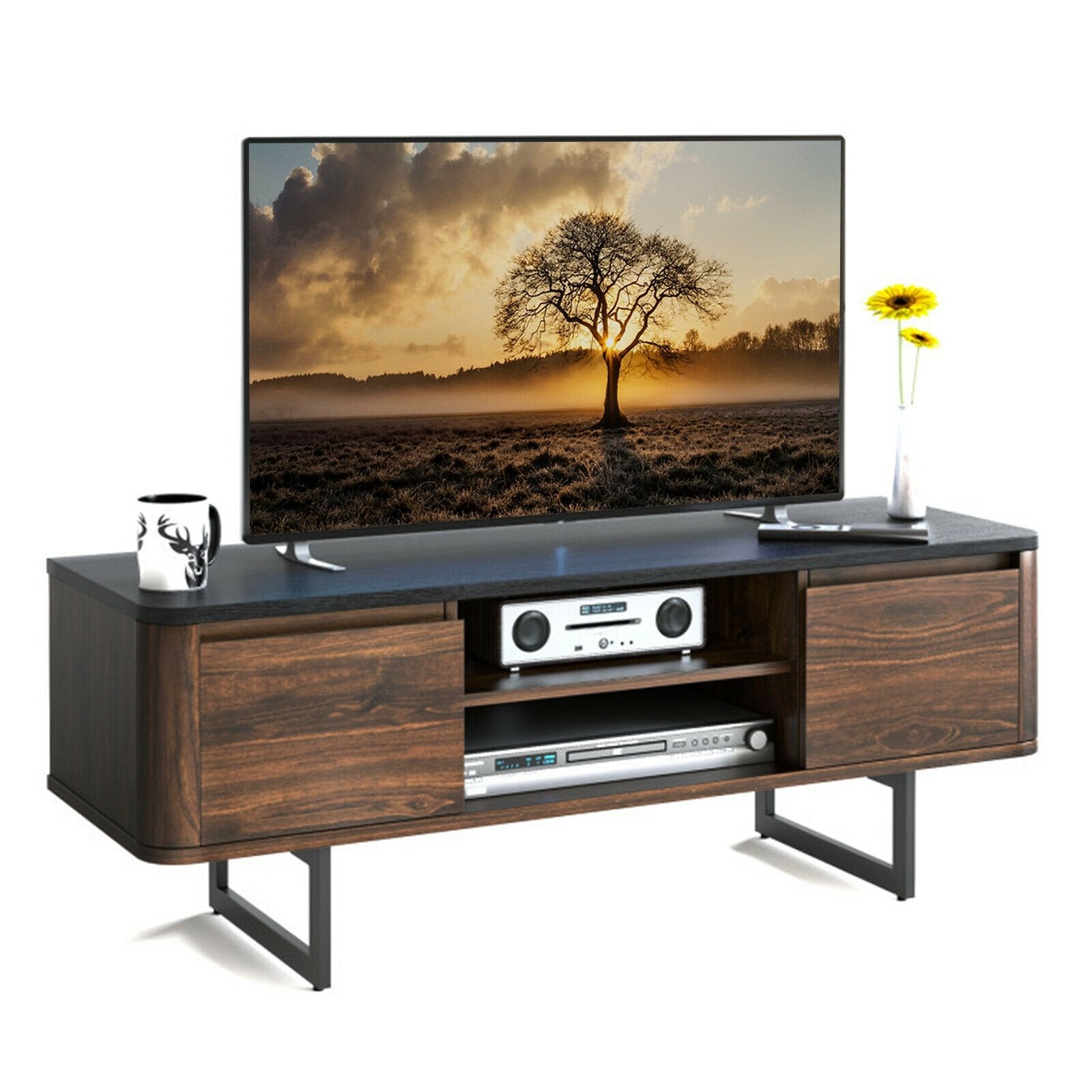 Wooden TV Stand with 2-Door Storage Cabinets for for TVs up to 55 Inch, Brown Entertainment Centers & TV Stands   at Gallery Canada