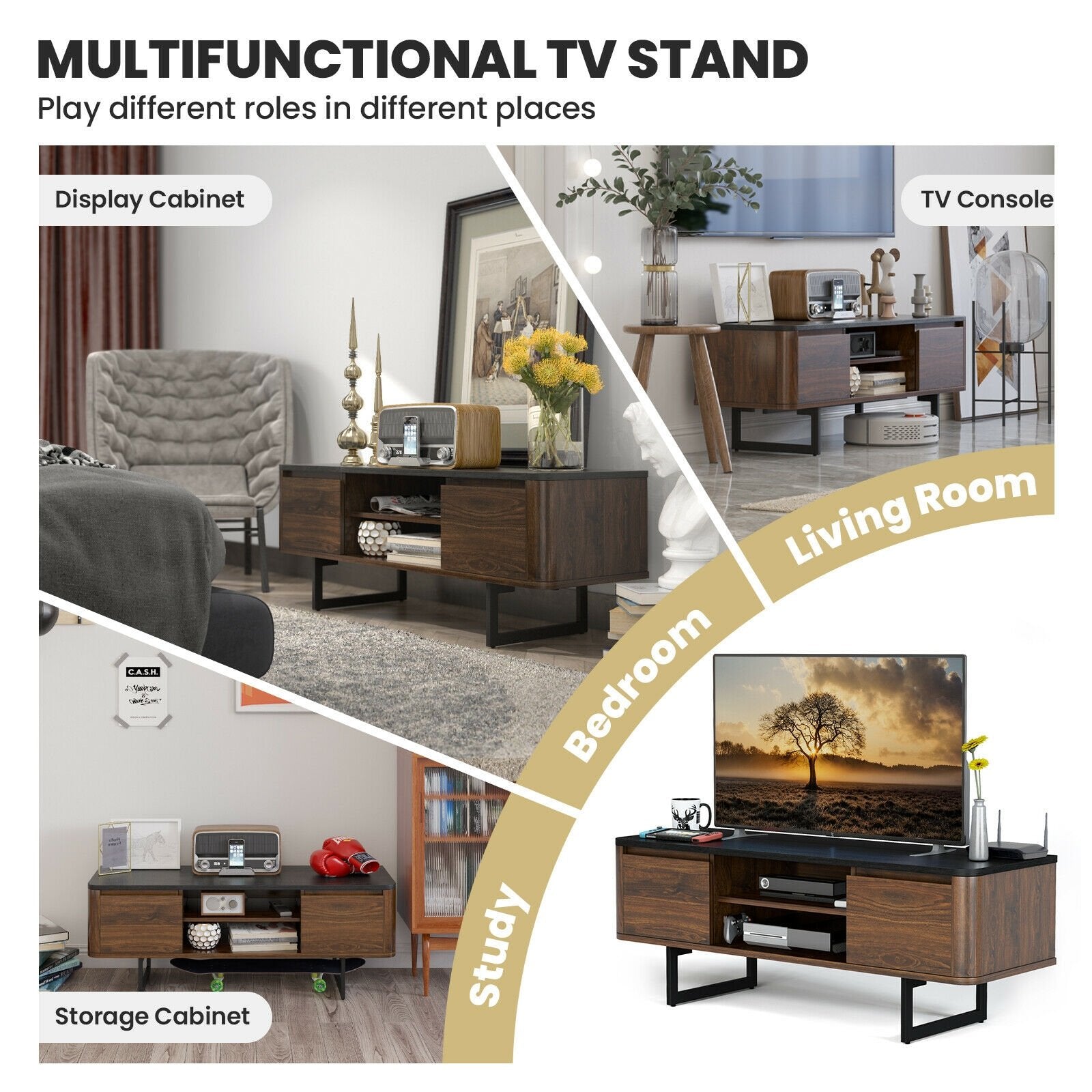 Wooden TV Stand with 2-Door Storage Cabinets for for TVs up to 55 Inch, Brown - Gallery Canada