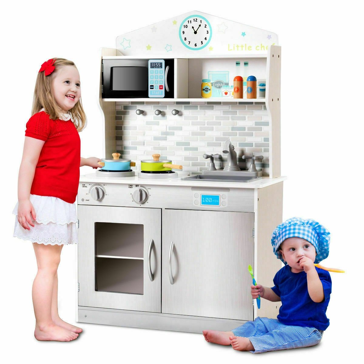 Kids Wooden Pretend Cooking Playset Cookware Kitchen, Beige Play Kitchen Sets   at Gallery Canada