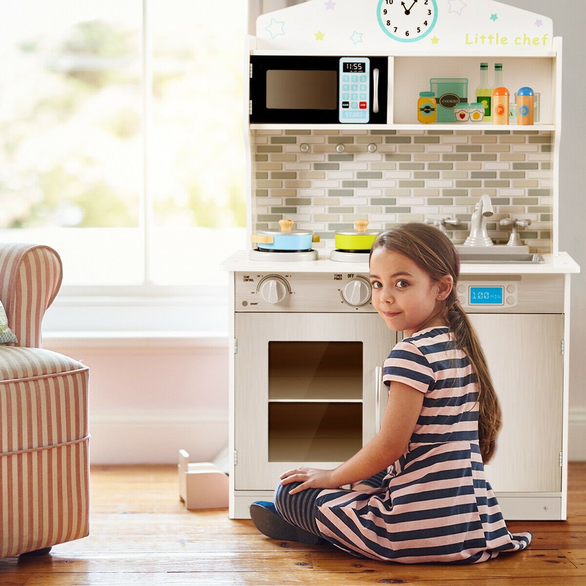 Kids Wooden Pretend Cooking Playset Cookware Kitchen, Beige Play Kitchen Sets   at Gallery Canada