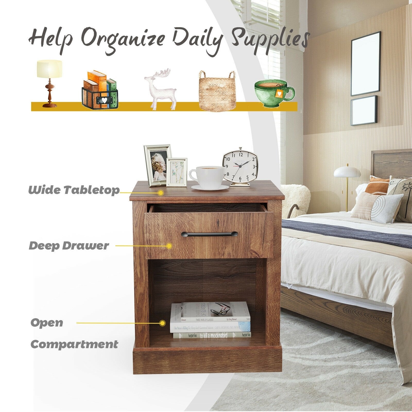 Compact Nightstand with Drawer and Shelf, Brown Nightstands   at Gallery Canada