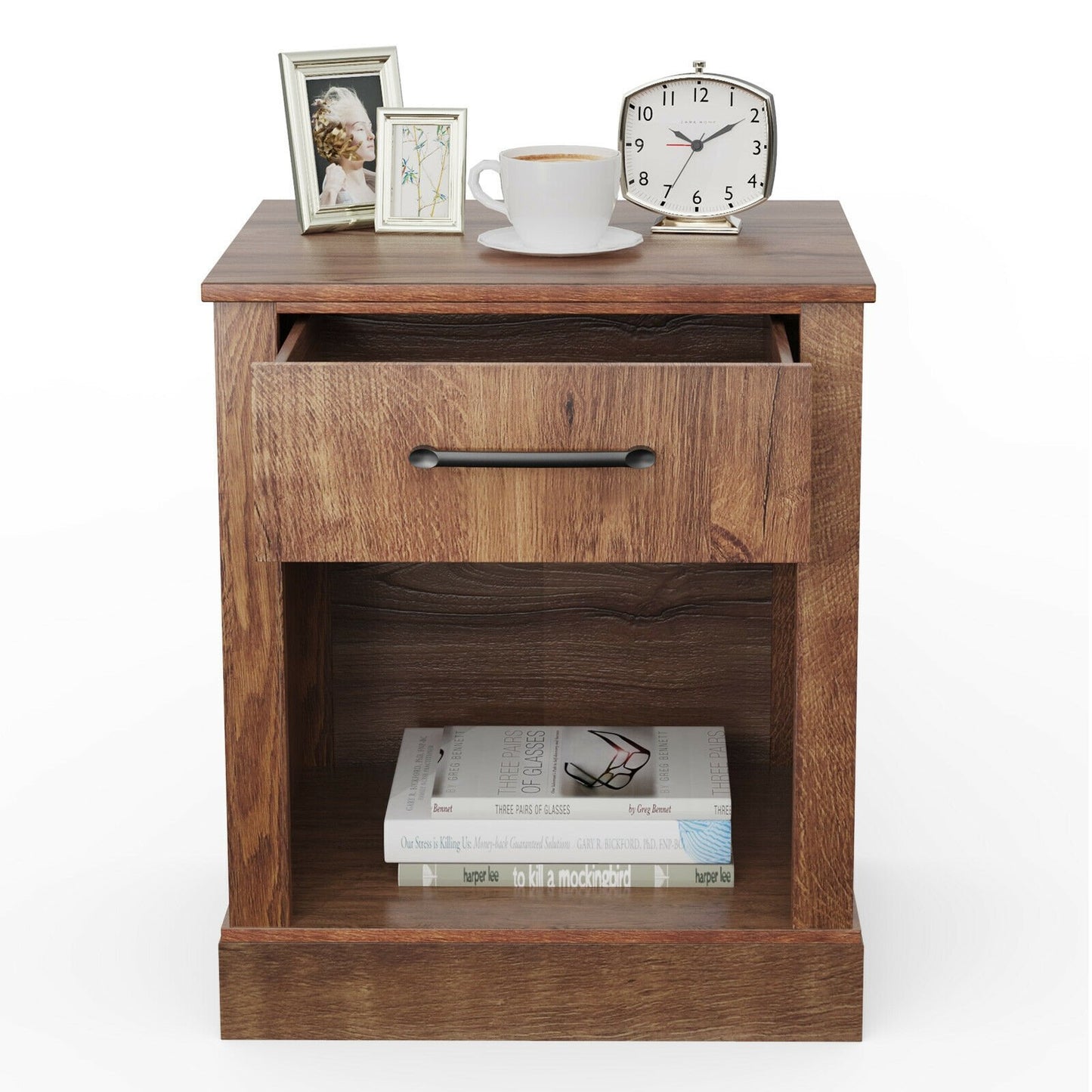 Compact Nightstand with Drawer and Shelf, Brown Nightstands   at Gallery Canada