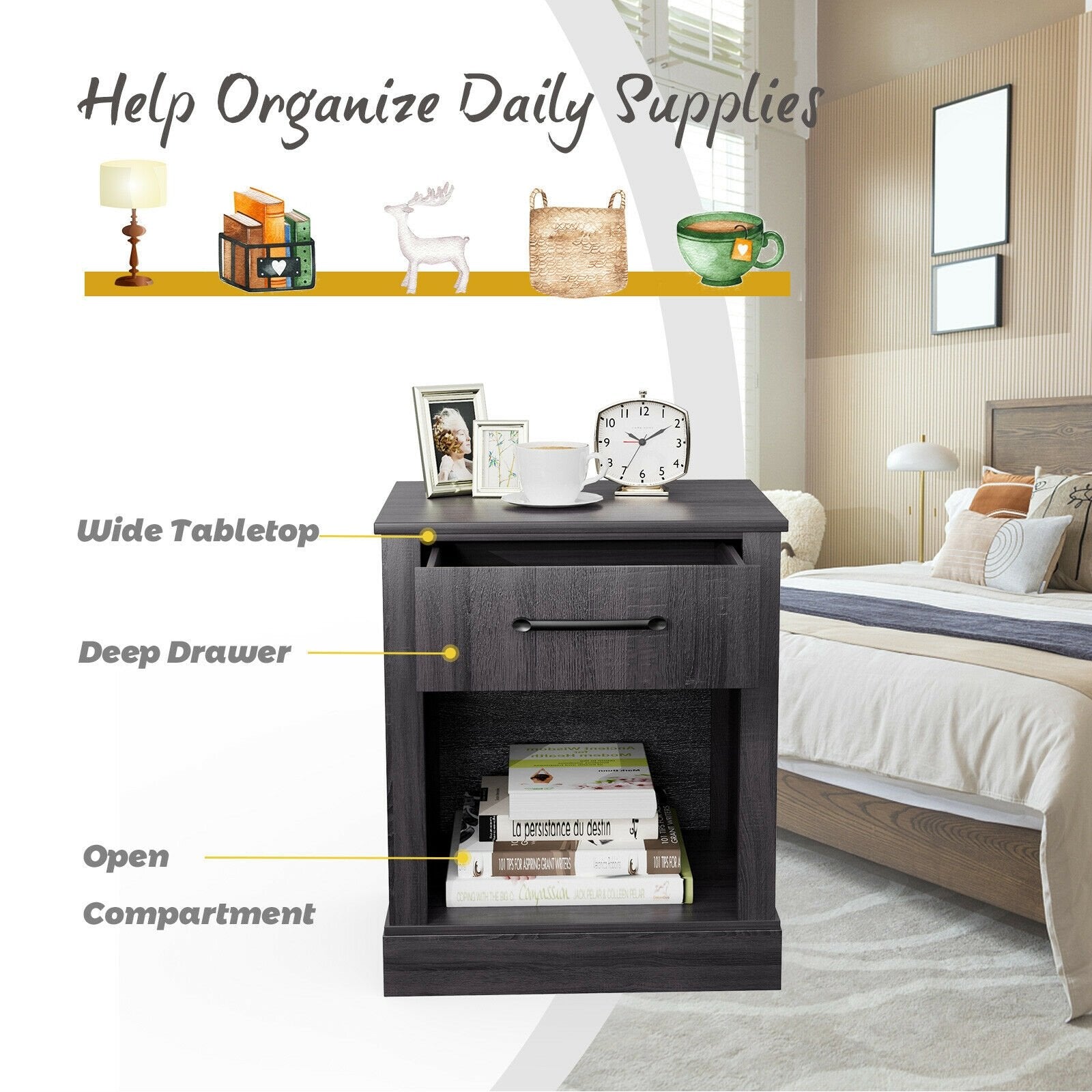 Compact Nightstand with Drawer and Shelf, Black Nightstands   at Gallery Canada