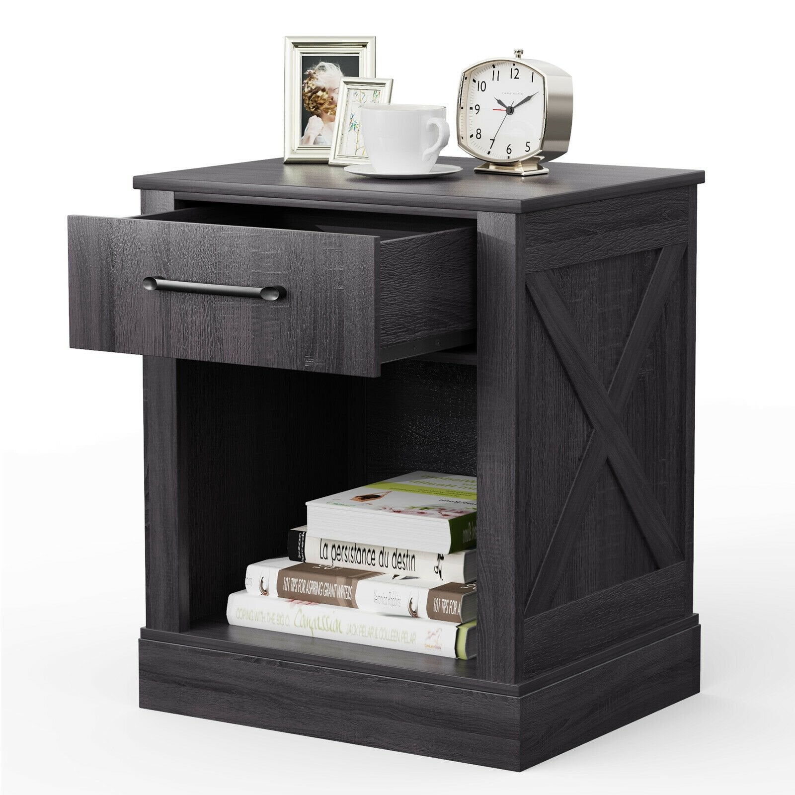 Compact Nightstand with Drawer and Shelf, Black Nightstands   at Gallery Canada