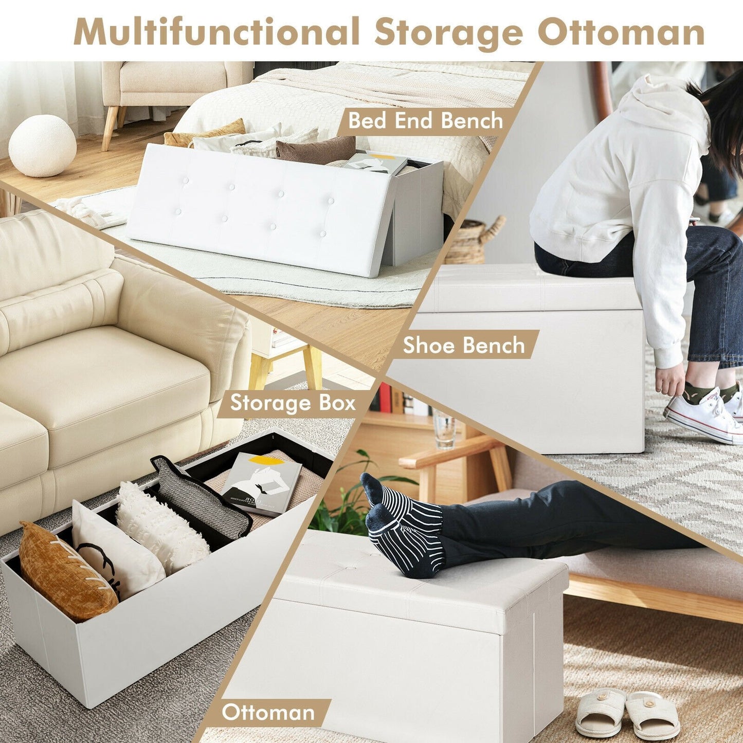 45 Inch Large Folding Ottoman Storage Seat, White - Gallery Canada