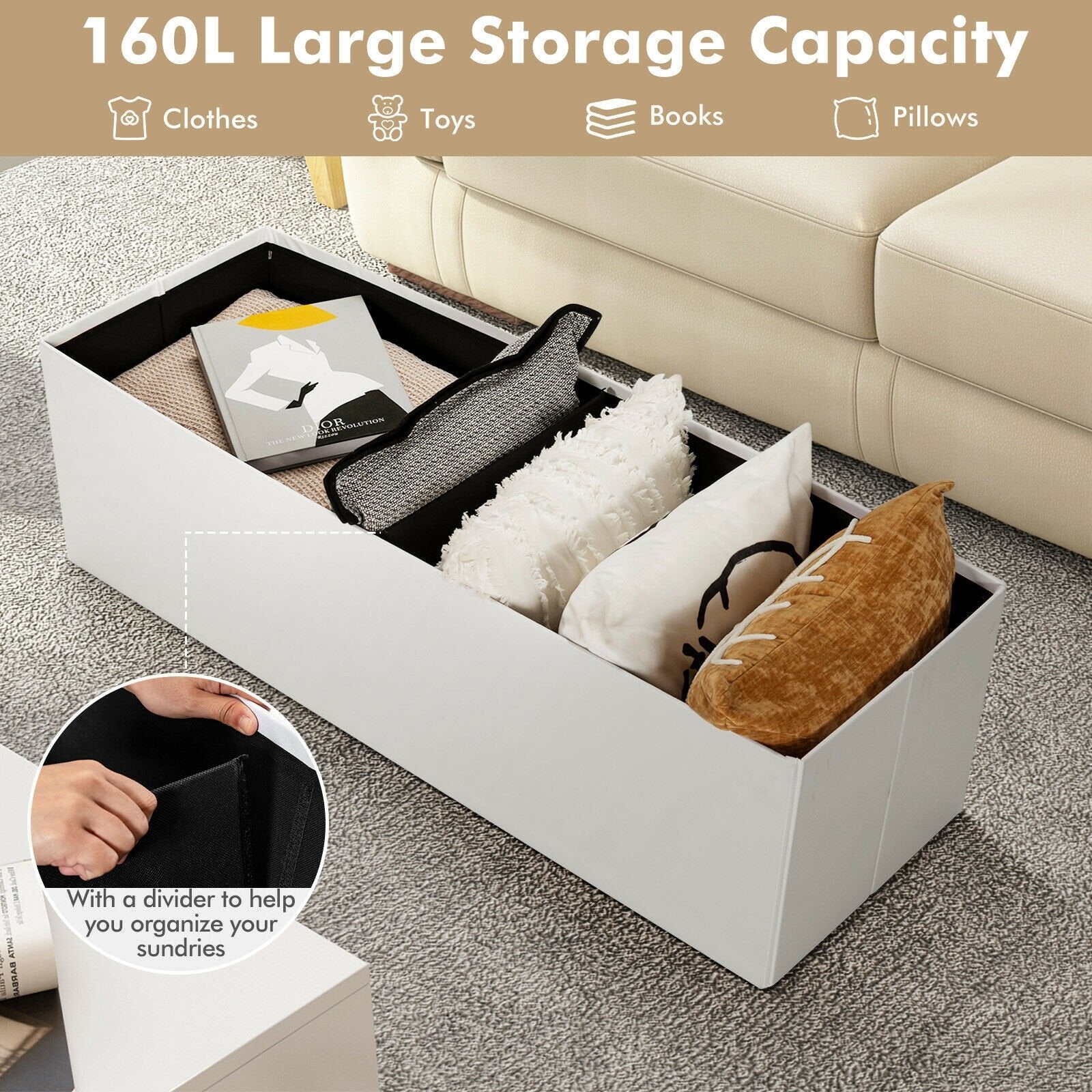 45 Inch Large Folding Ottoman Storage Seat, White Shoe Racks & Storage Benches   at Gallery Canada