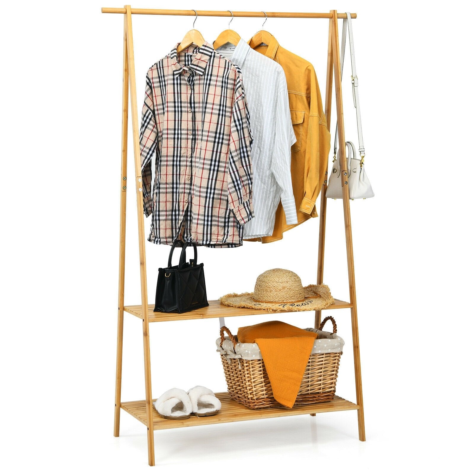 Bamboo Clothes Hanging Rack with 2-Tier Storage Shelf for Entryway Bedroom, Natural Clothing & Closet Storage   at Gallery Canada