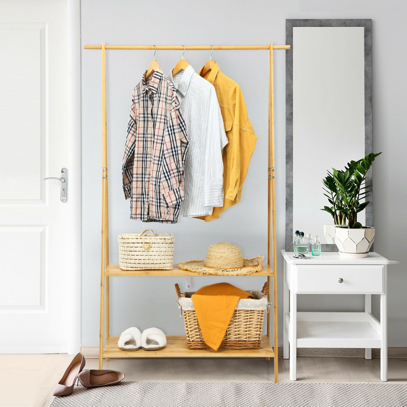 Bamboo Clothes Hanging Rack with 2-Tier Storage Shelf for Entryway Bedroom, Natural Clothing & Closet Storage   at Gallery Canada