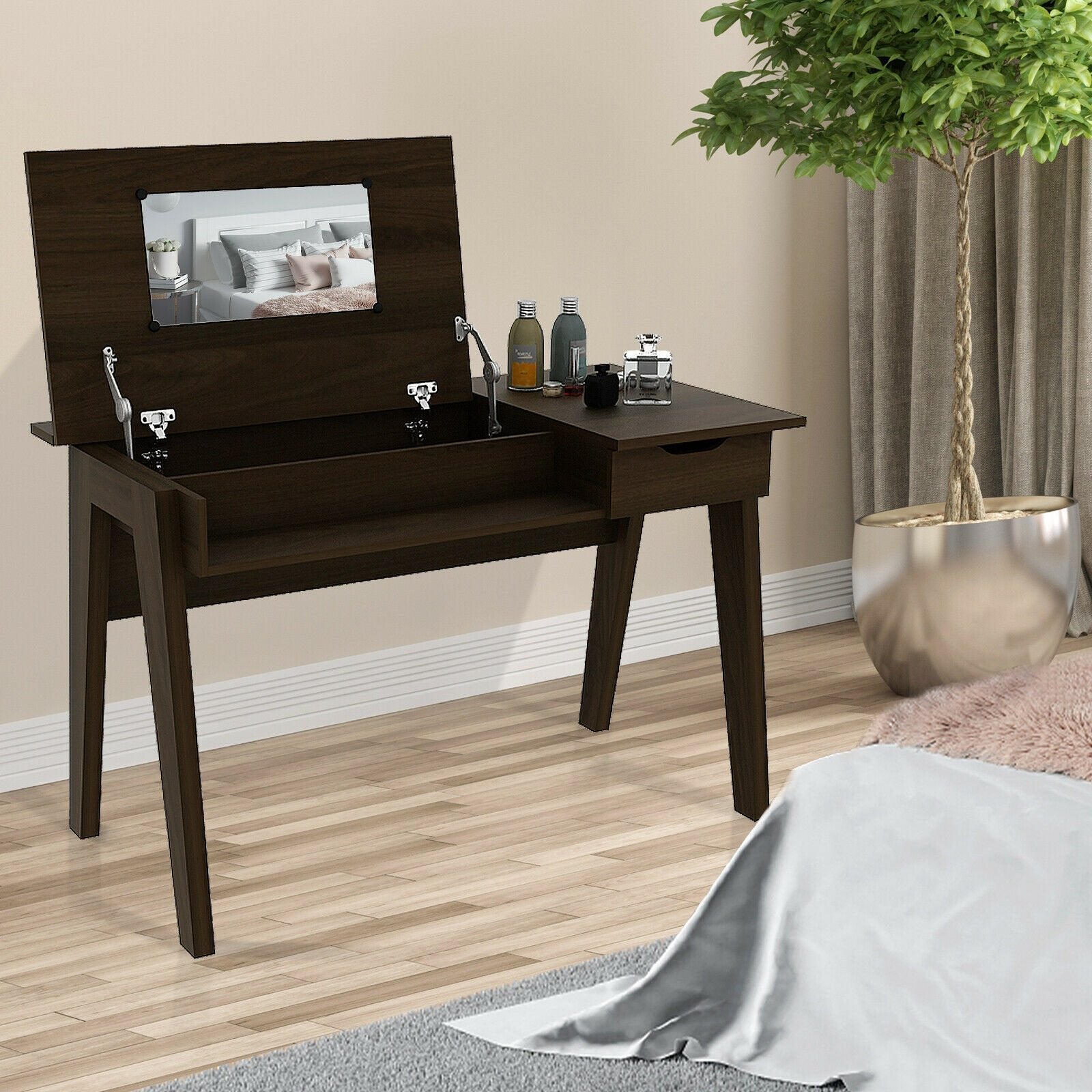 Dressing Table with Flip Mirror and Storage Drawer, Brown Makeup Vanities   at Gallery Canada