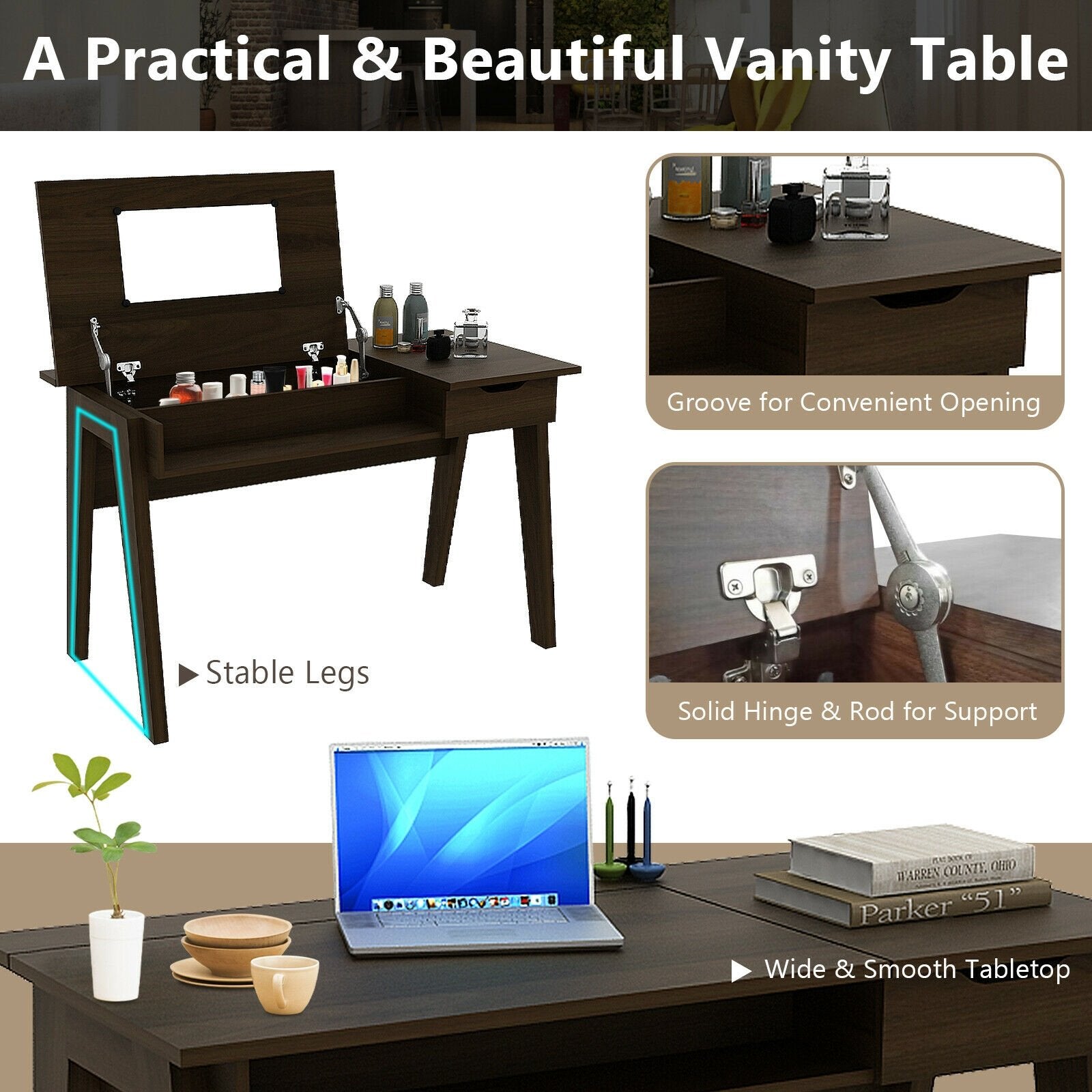 Dressing Table with Flip Mirror and Storage Drawer, Brown Makeup Vanities   at Gallery Canada