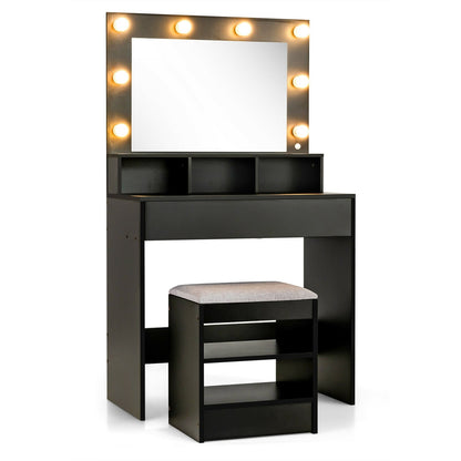 Vanity Table Set with Lighted Mirror and Cushion Stool, Black - Gallery Canada