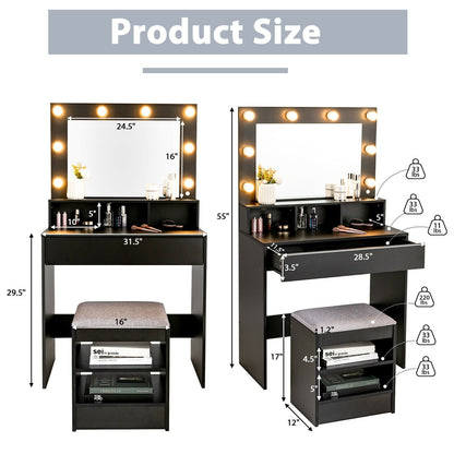 Vanity Table Set with Lighted Mirror and Cushion Stool, Black - Gallery Canada