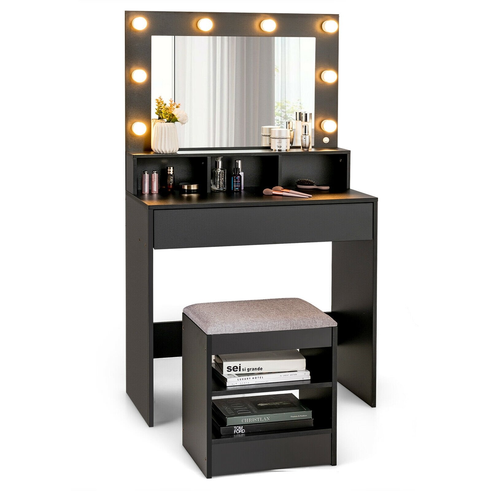 Vanity Table Set with Lighted Mirror and Cushion Stool, Black - Gallery Canada