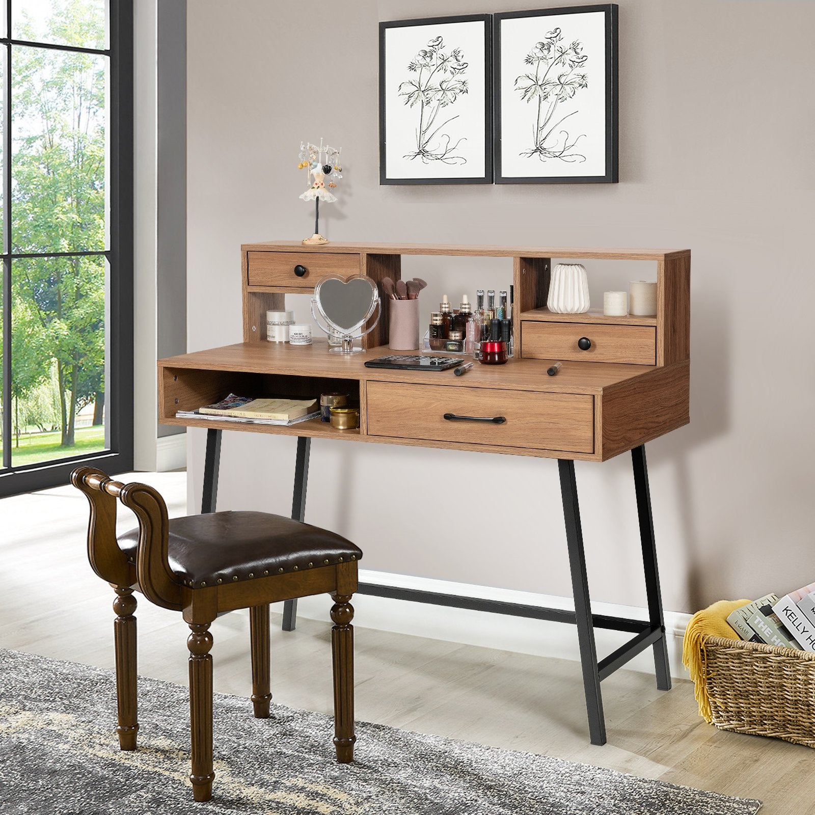 42-Inch Vanity Desk with Tabletop Shelf and 2 Drawers, Natural Makeup Vanities   at Gallery Canada