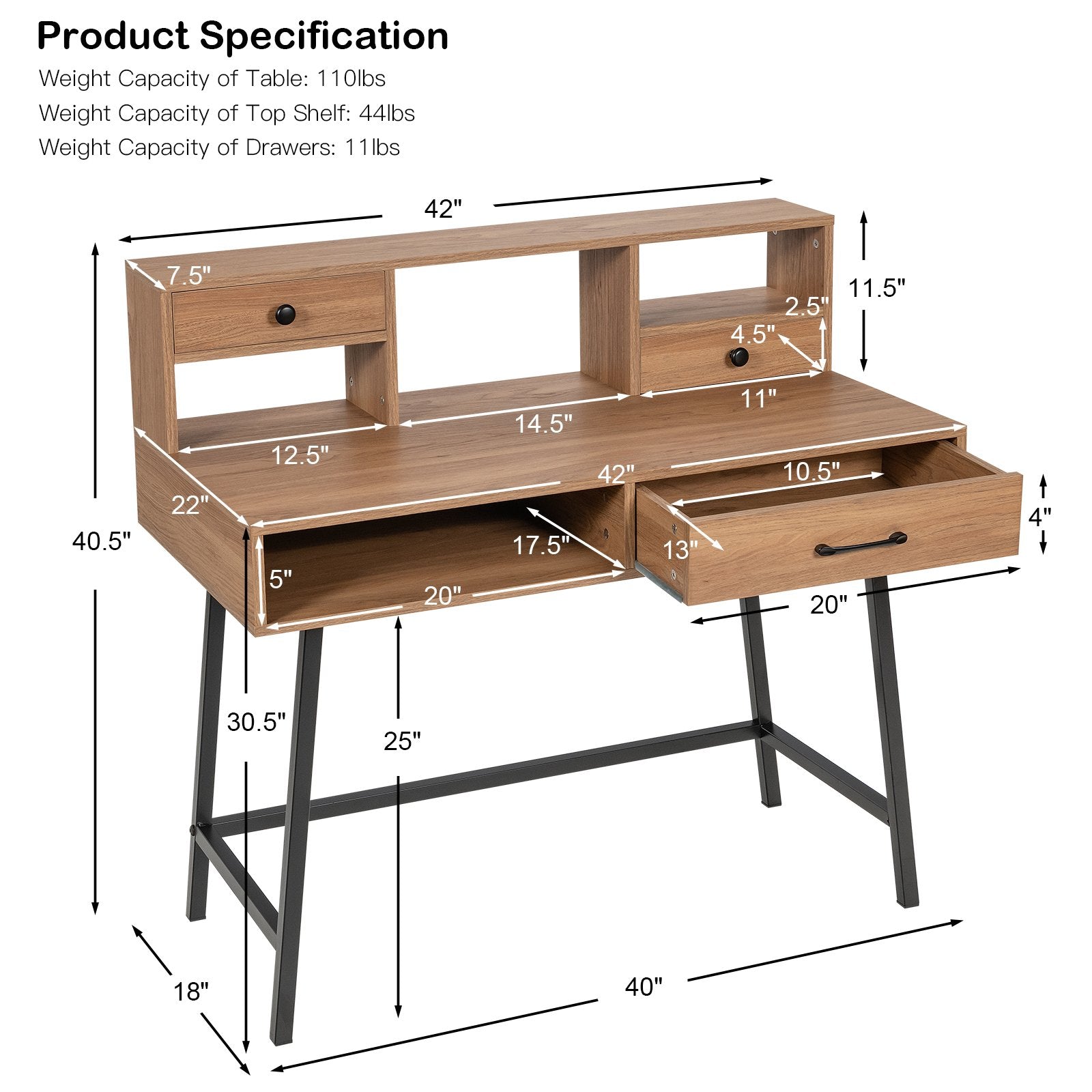 42-Inch Vanity Desk with Tabletop Shelf and 2 Drawers, Natural Makeup Vanities   at Gallery Canada