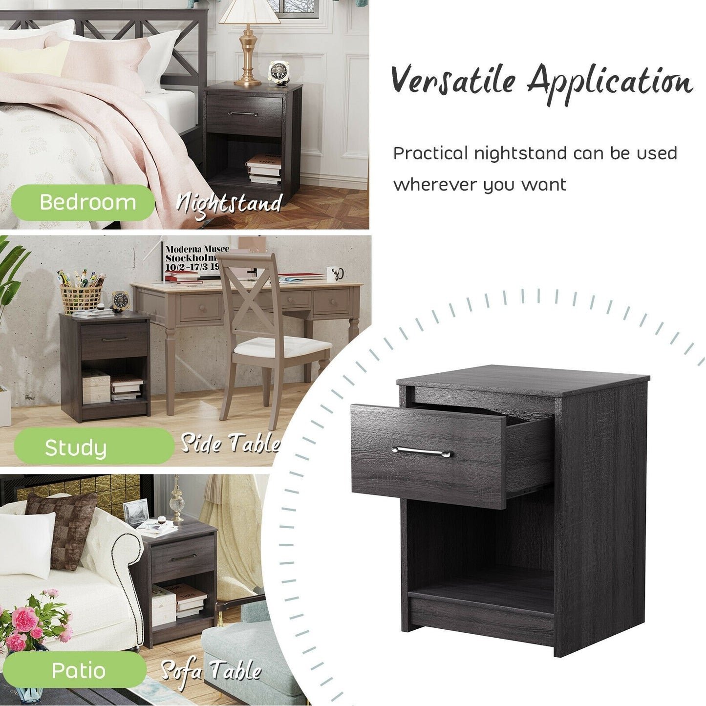 Wooden End Side Table Nightstand with Drawer Storage Shelf, Black Nightstands   at Gallery Canada