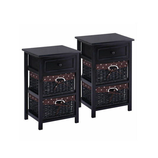3 Tier Set of 2 Wood Nightstand with 1 and 2 Drawer , Black - Gallery Canada