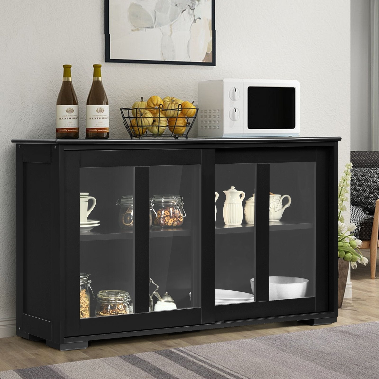 Kitchen Storage Cabinet with Glass Sliding Door, Black Sideboards Cabinets & Buffets   at Gallery Canada