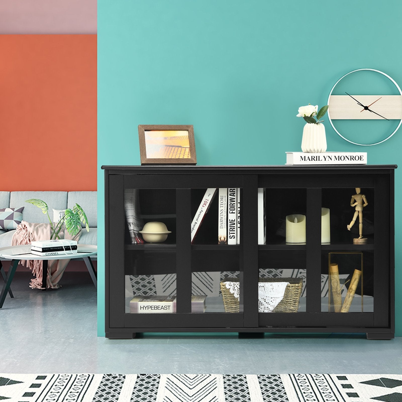 Kitchen Storage Cabinet with Glass Sliding Door, Black Sideboards Cabinets & Buffets   at Gallery Canada