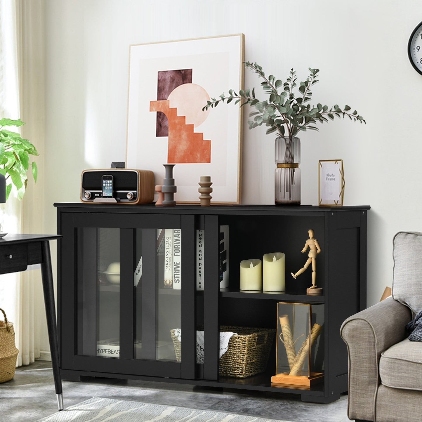 Kitchen Storage Cabinet with Glass Sliding Door, Black Sideboards Cabinets & Buffets   at Gallery Canada