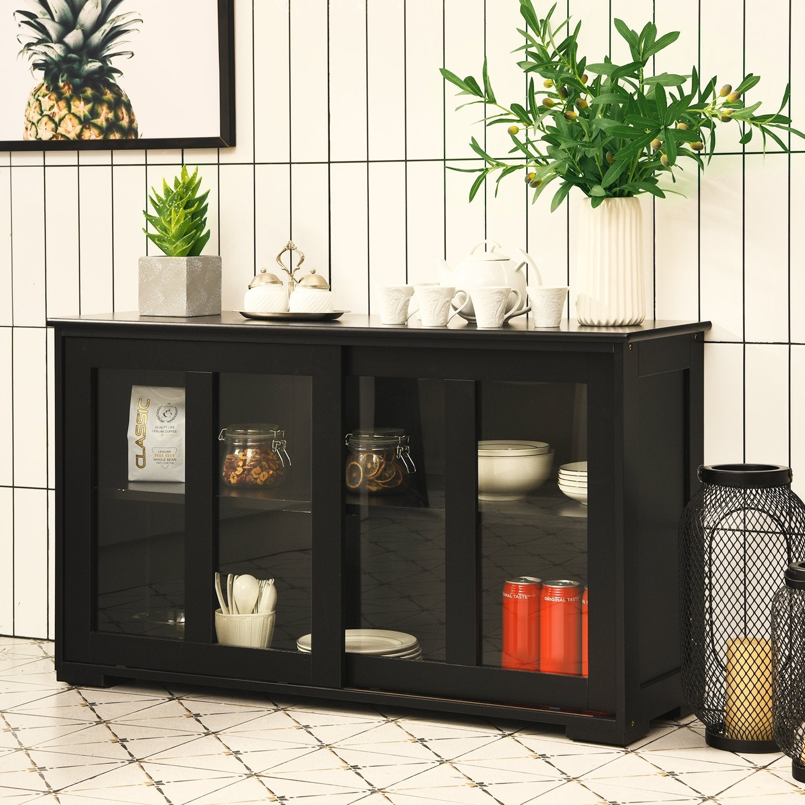 Kitchen Storage Cabinet with Glass Sliding Door, Black Sideboards Cabinets & Buffets   at Gallery Canada