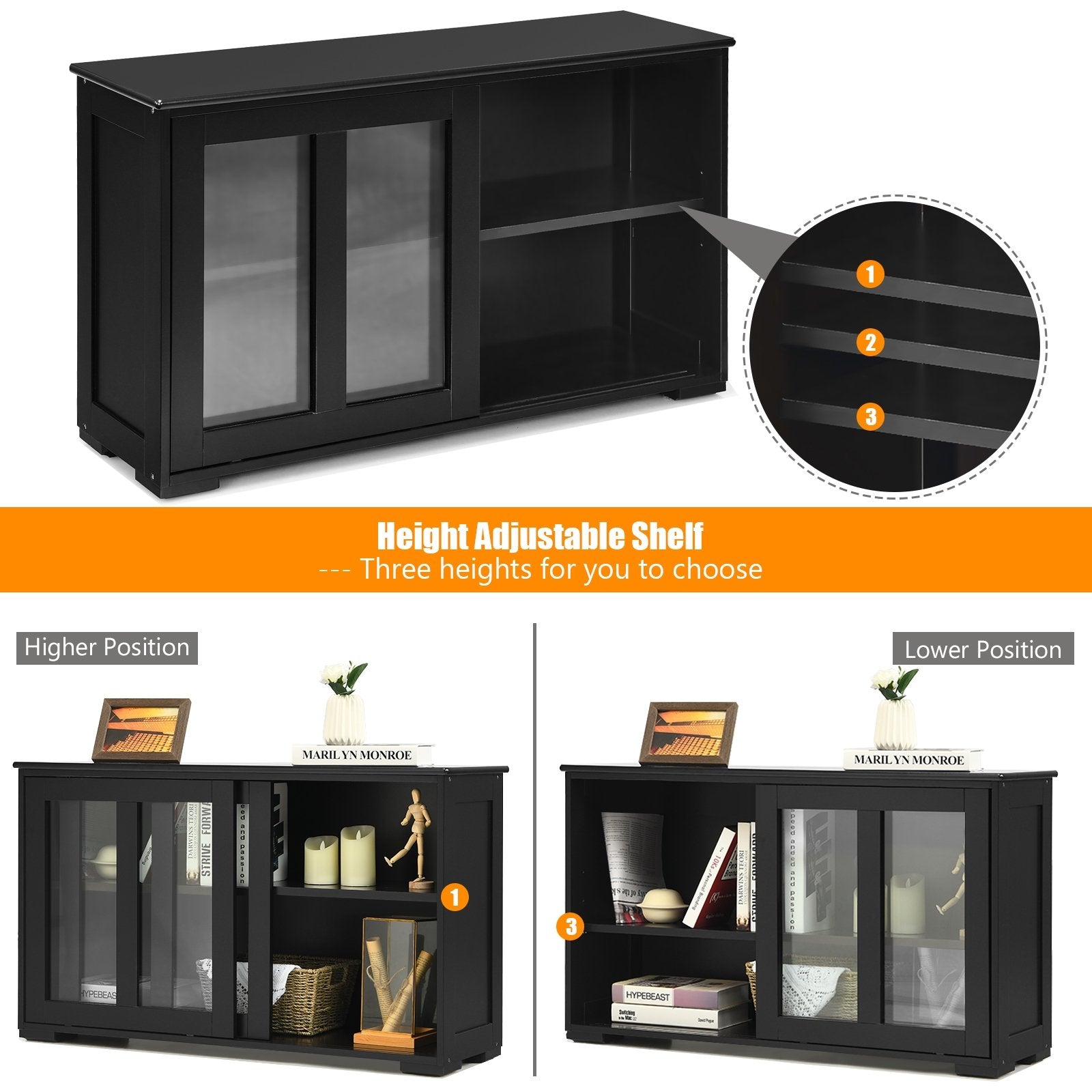 Kitchen Storage Cabinet with Glass Sliding Door, Black Sideboards Cabinets & Buffets   at Gallery Canada