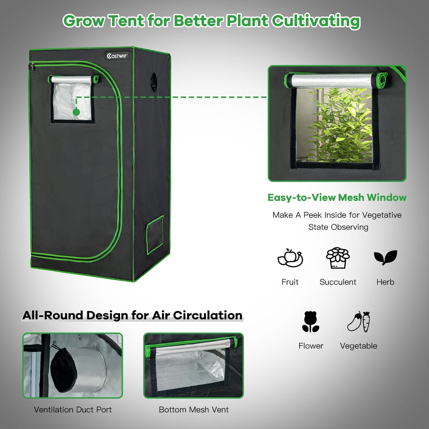 32 x 32 x 63 Inch Mylar Hydroponic Grow Tent with Observation Window and Floor Tray, Black - Gallery Canada