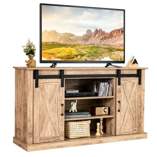 55 Inch Sliding Barn Door TV Stand with Adjustable Shelves for TVs up to 65 Inch, Natural - Gallery Canada