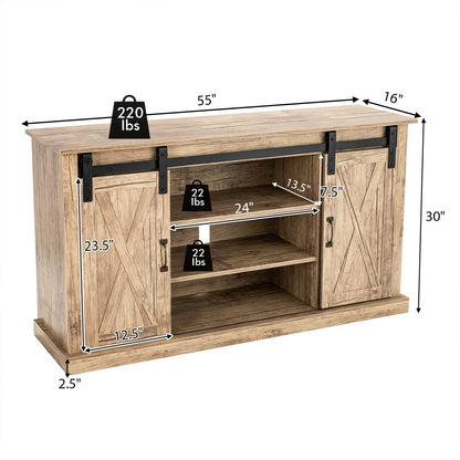55 Inch Sliding Barn Door TV Stand with Adjustable Shelves for TVs up to 65 Inch, Natural - Gallery Canada