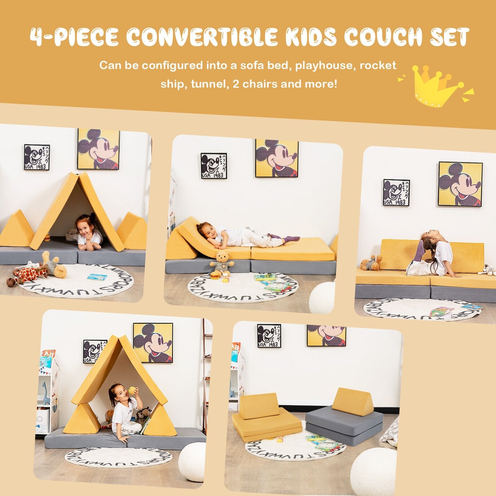 4 Pieces Convertible Kids Couch Set with 2 Folding Mats, Yellow Kids Chairs & Seating   at Gallery Canada