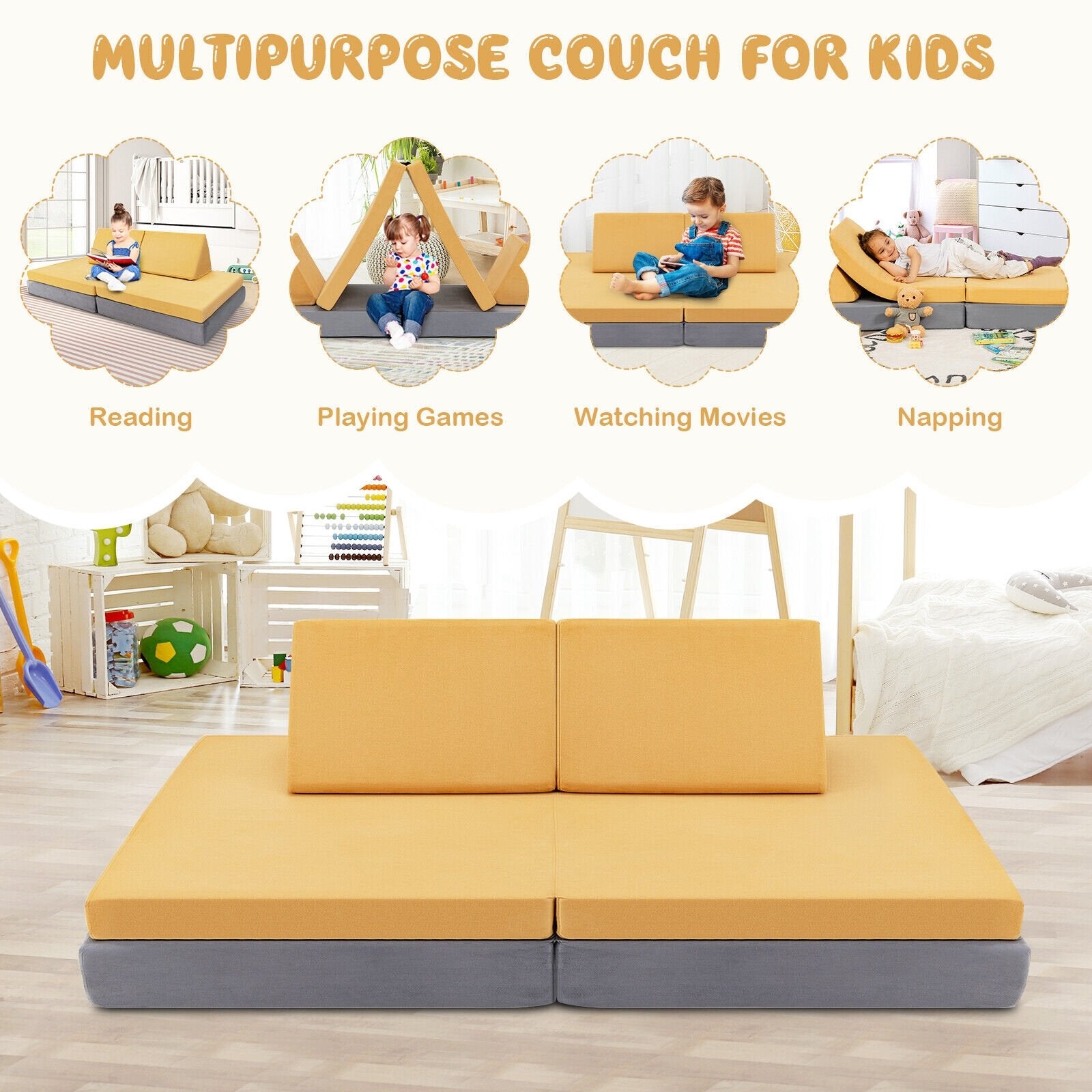 4 Pieces Convertible Kids Couch Set with 2 Folding Mats, Yellow Kids Chairs & Seating   at Gallery Canada