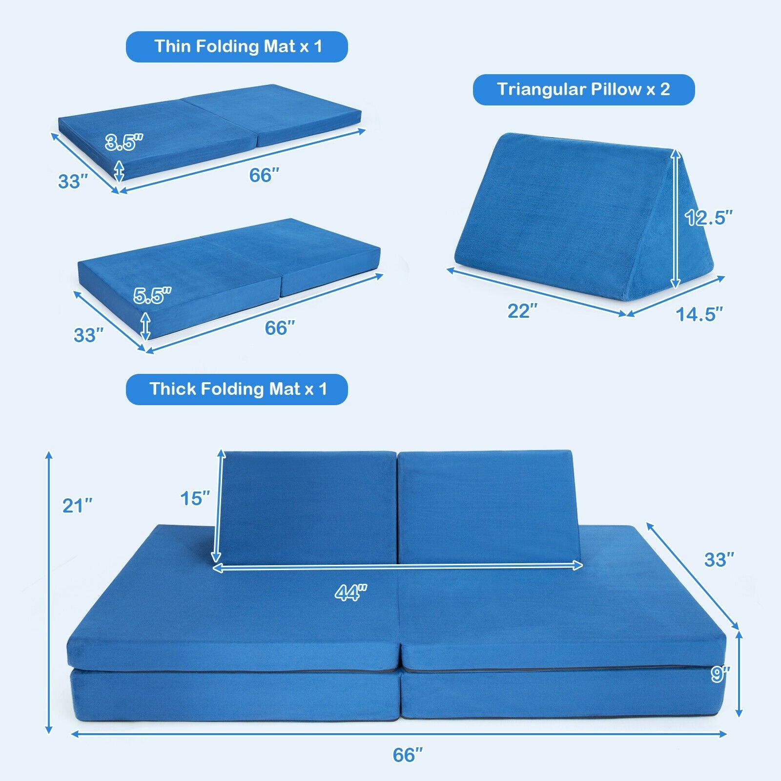 4-Piece Convertible Kids Couch Set with 2 Folding Mats, Blue Kids Chairs & Seating   at Gallery Canada