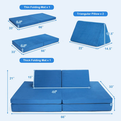 4-Piece Convertible Kids Couch Set with 2 Folding Mats, Blue - Gallery Canada