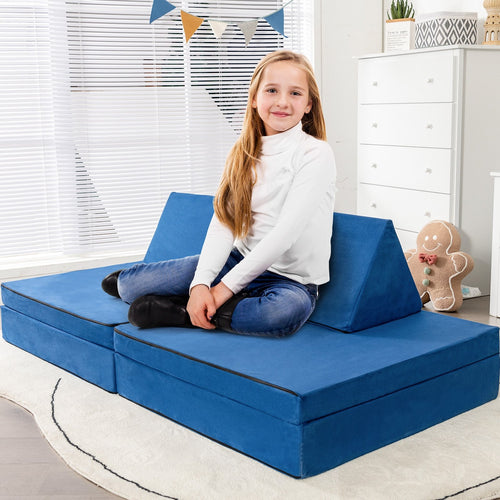 4-Piece Convertible Kids Couch Set with 2 Folding Mats, Blue