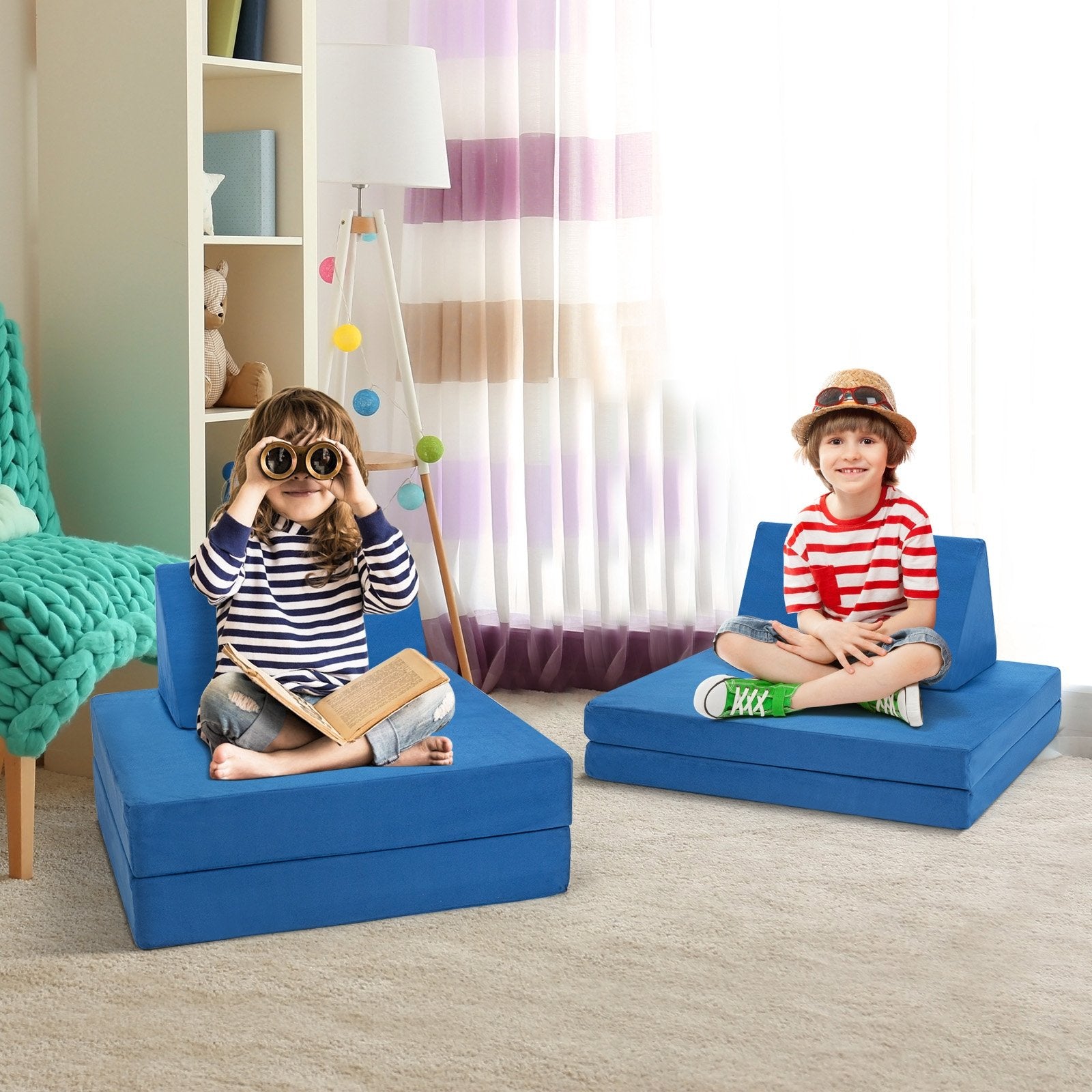 4-Piece Convertible Kids Couch Set with 2 Folding Mats, Blue - Gallery Canada