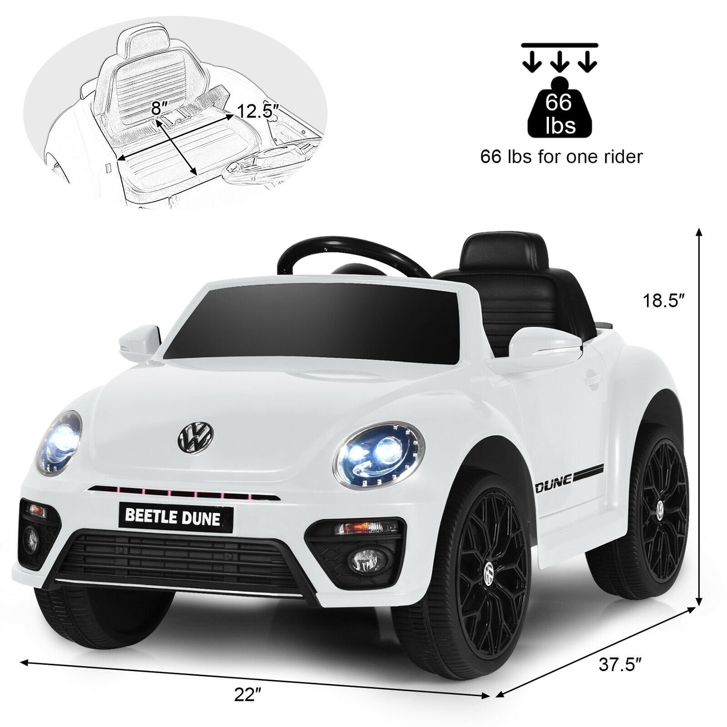 Volkswagen Beetle Kids Electric Ride On Car with Remote Control, White Powered Ride On Toys   at Gallery Canada