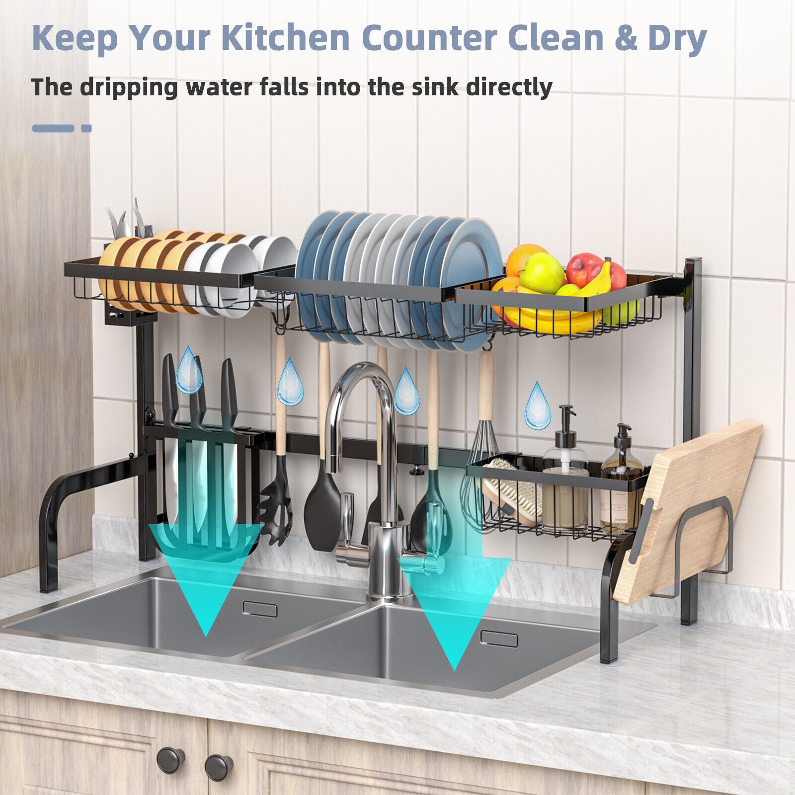 2 Tier Adjustable Over Sink Dish Drying Rack with 8 Hooks, Black Dish Racks at Gallery Canada